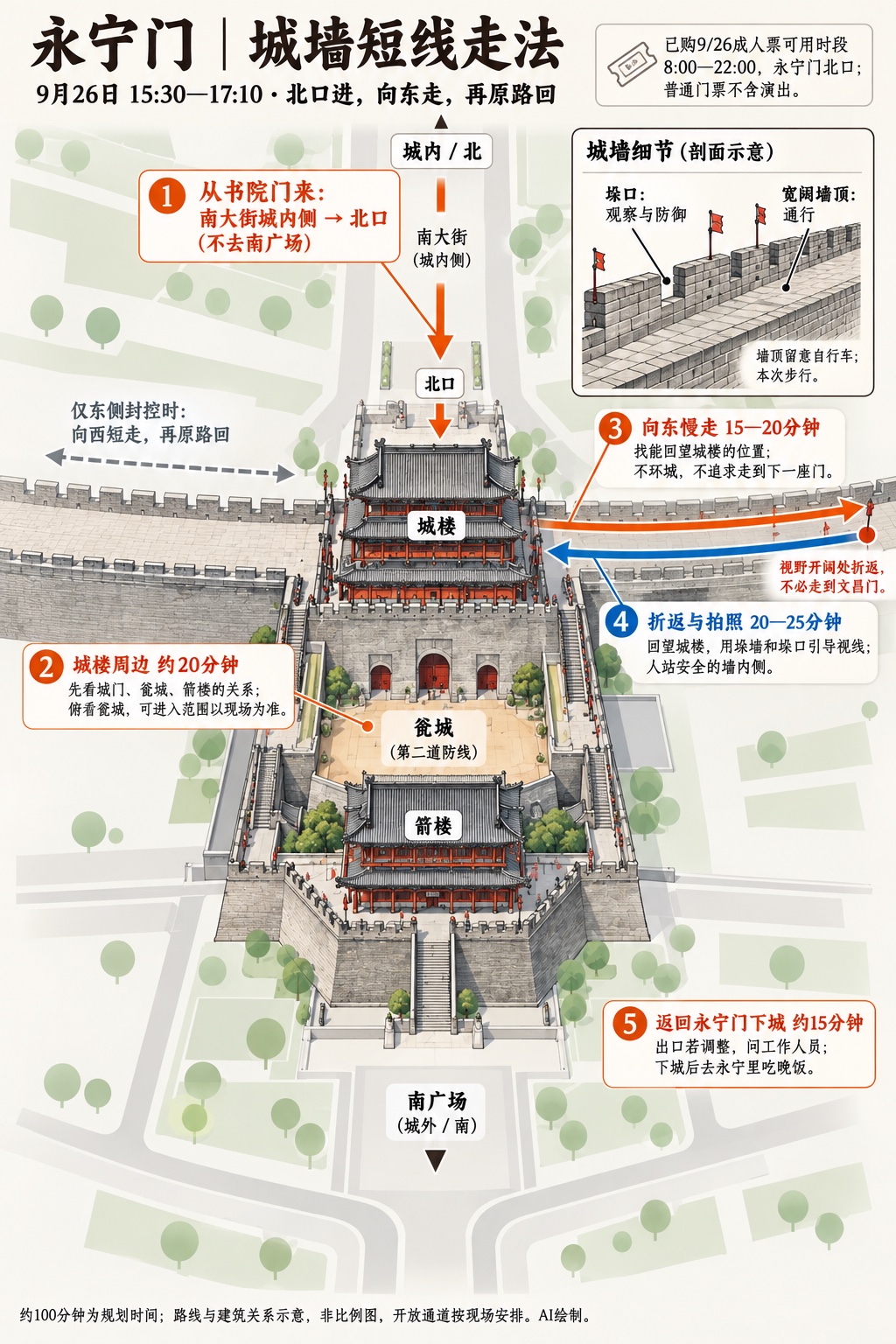 永宁门城墙的路线、停留时间与游览重点示意图
