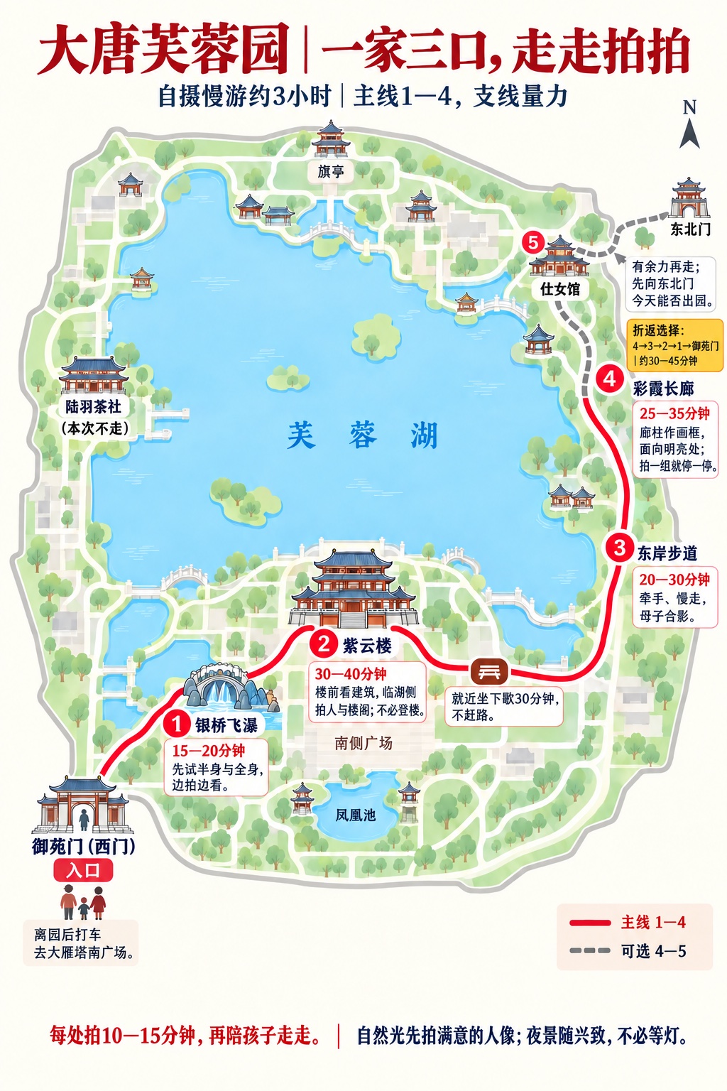 芙蓉园自摄路线:御苑门、银桥飞瀑、紫云楼、东岸、彩霞长廊,仕女馆可选